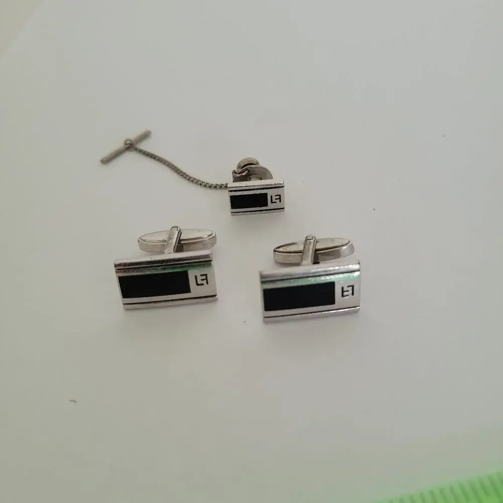 Louis Feraud LF Tie Pin‎ Clip Cufflinks Set Silver Black Tone Designer Rectangle